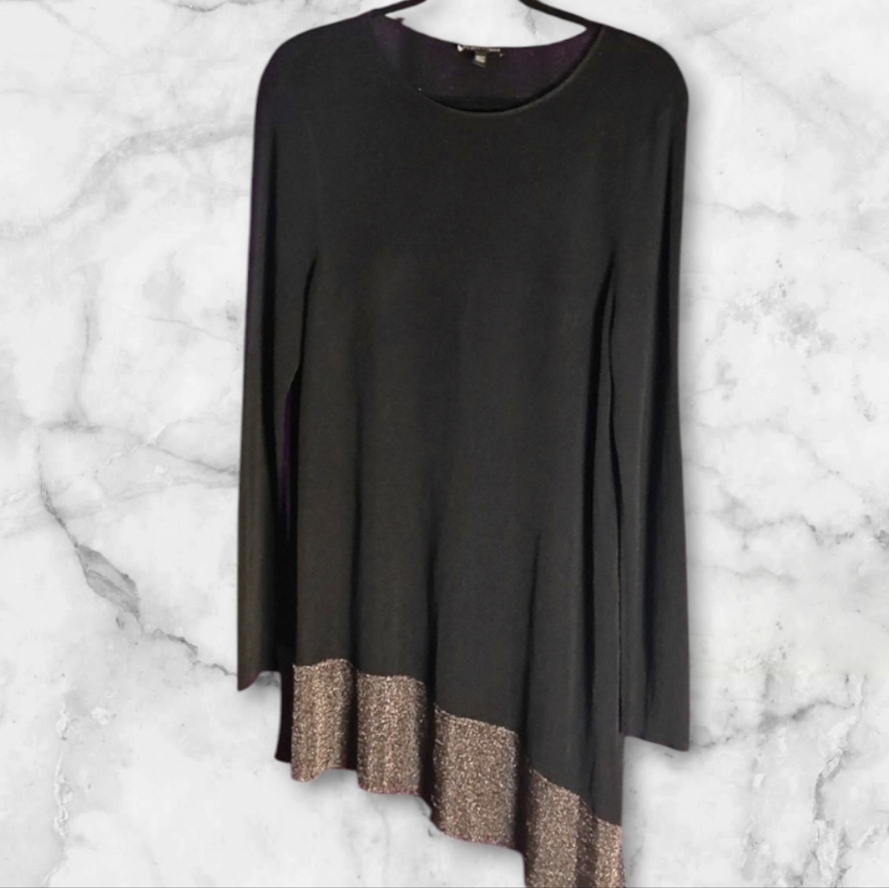 :L: Eileen Fisher Large Black and Silver Asymmetrical Long Sleeve Tunic.